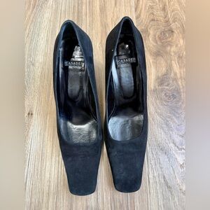 Casadei Black Suede Square Toe Pumps Block Heel Size 7 Made in Italy